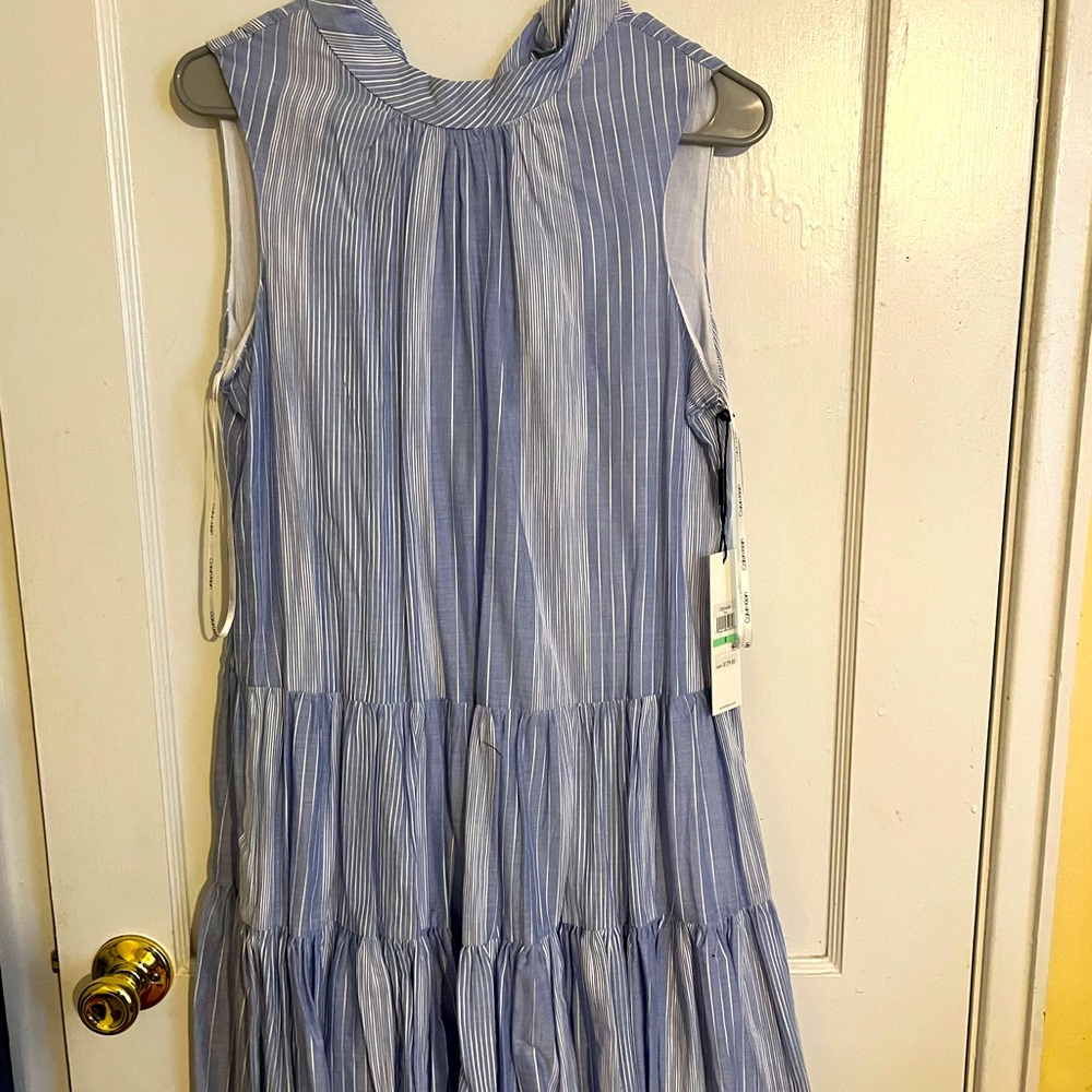 Mock neck pen stripe dress